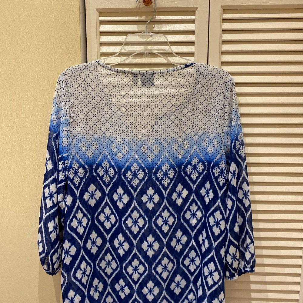 Rafaella navy, white, and light blue boho gauze blouse - Picture 3 of 6